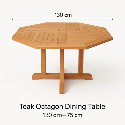 Meja makan berbentuk segi delapan yang terbuat dari kayu jati solid berkualitas tinggi.